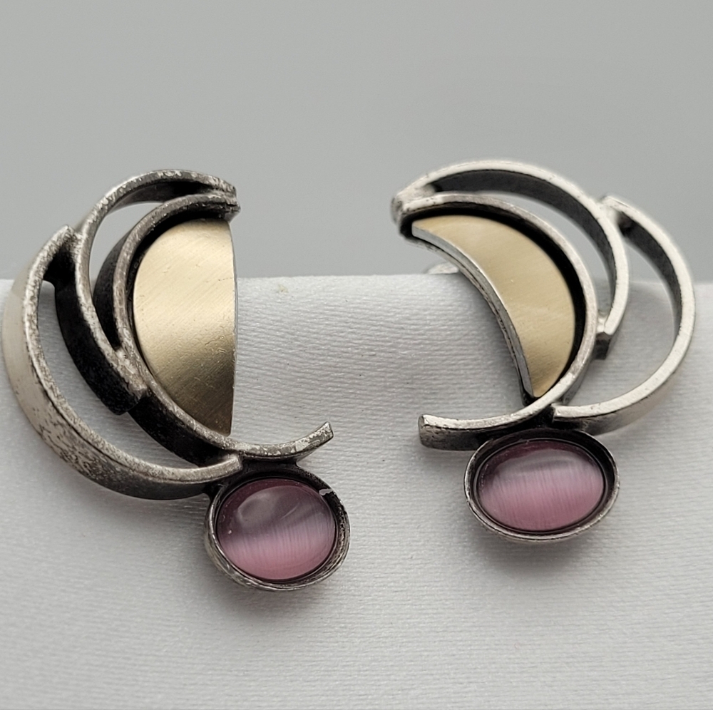Vintage Half Moon Drop Modernist Gray & Purple Earrings Christophe Poly